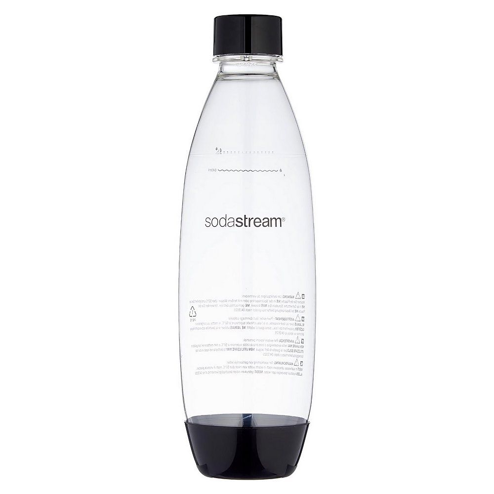Eine SodaStream-Flasche mit schwarzem Boden und Deckel, gefüllt mit Wasser.