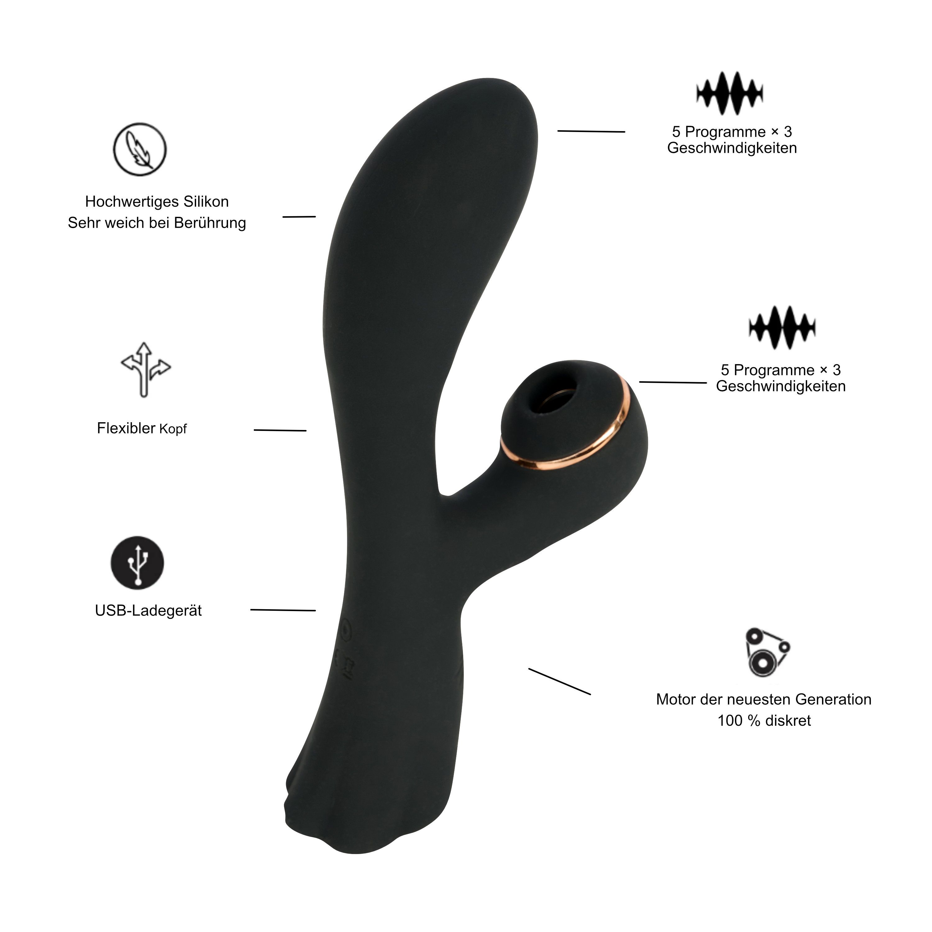 Schwarzer Vibrator mit Symbolen für Silikon, flexiblem Kopf, USB-Laden und 5 Programmen.