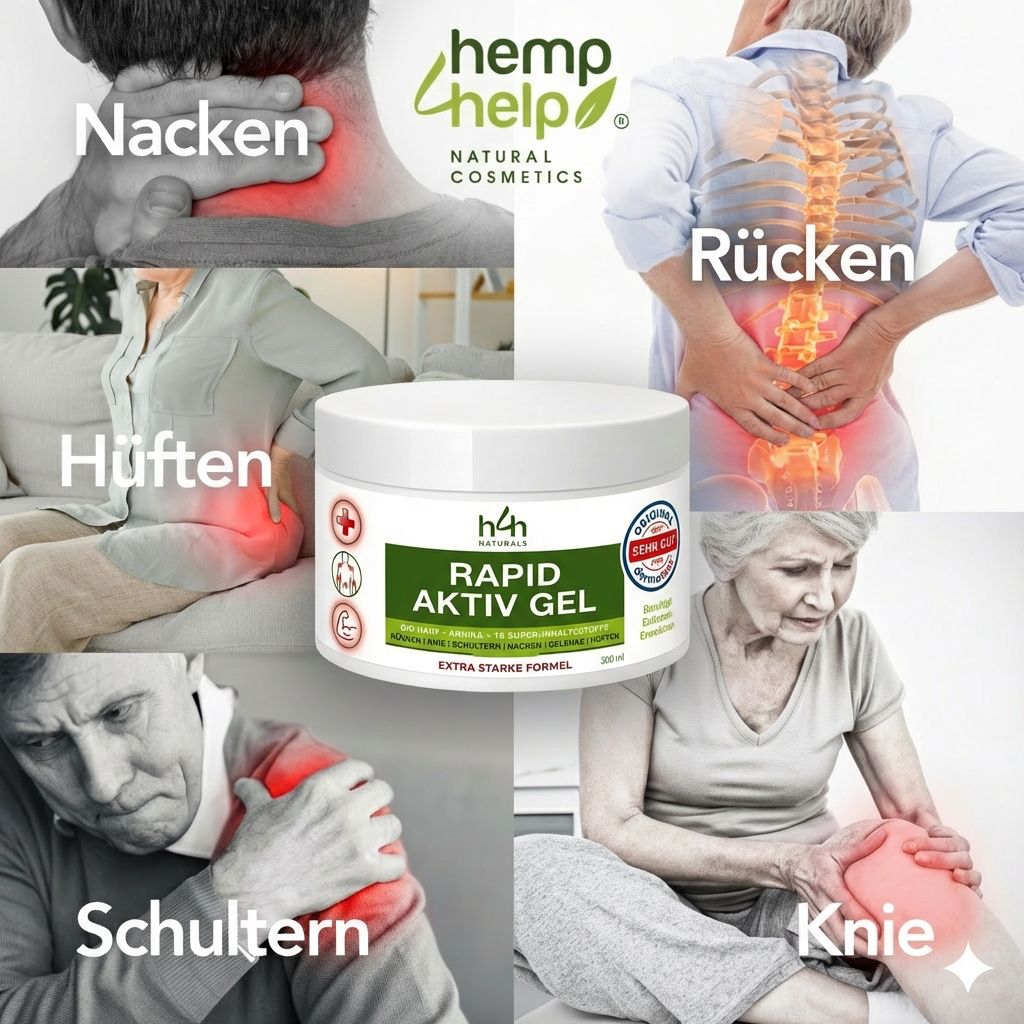 Weißes Tiegel mit grünem Etikett. Text: Rapid Aktiv Gel. Bereiche: Nacken, Rücken, Hüften, Schultern, Knie. Hemp Help Natural Cosmetics.
