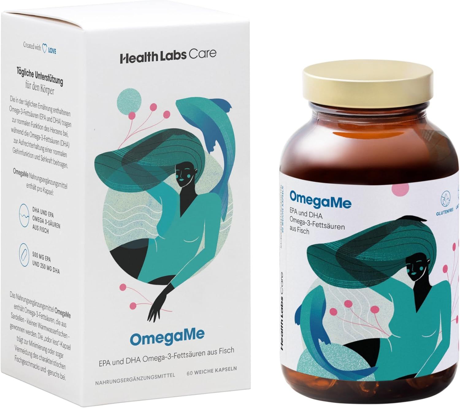 Produktverpackung und Flasche. Auf der Verpackung: "Health Labs Care", "OmegaMe". Auf der Flasche: "OmegaMe", "EPA und DHA Omega-3-Fettsäuren aus Fisch".