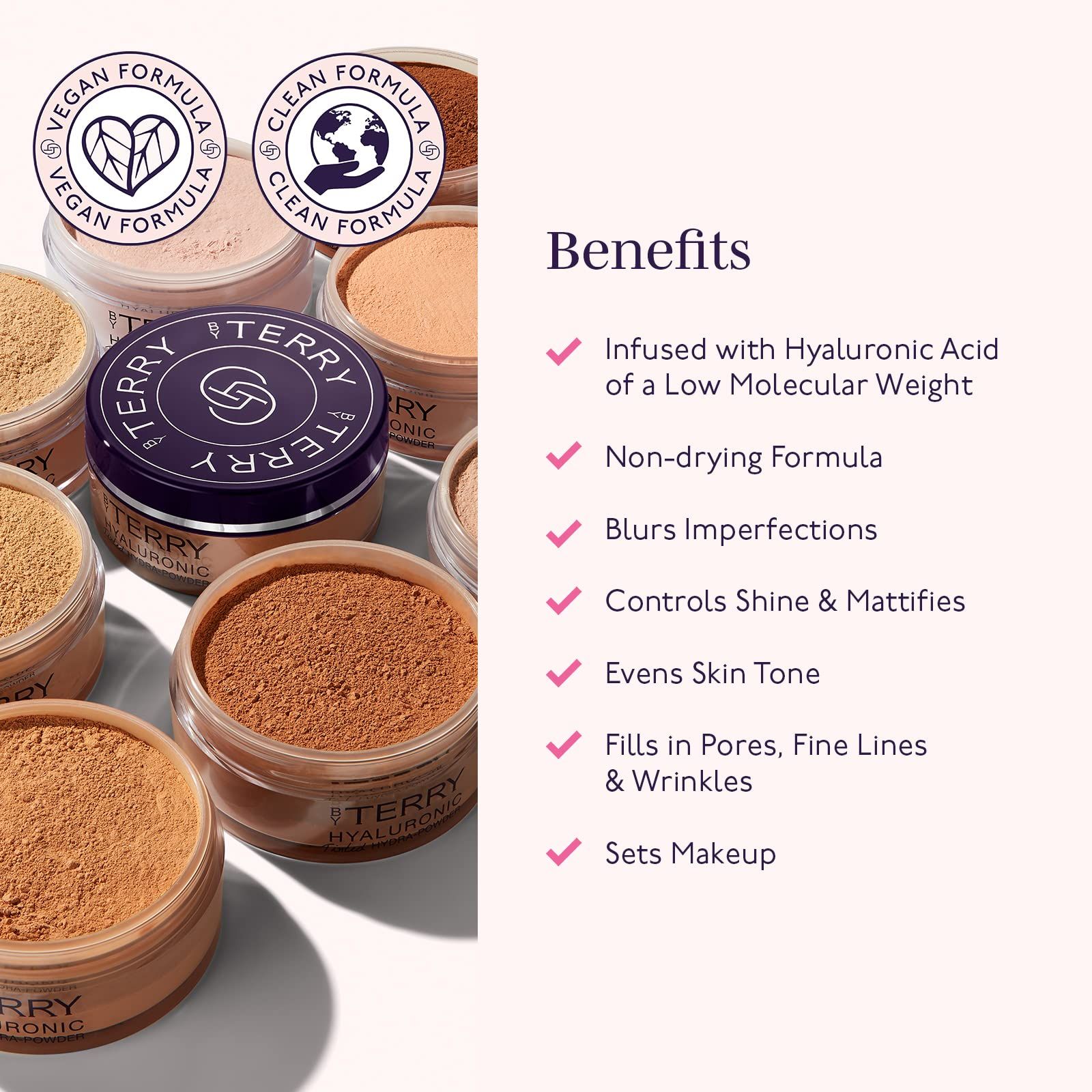 Mehrere Behälter mit Puder. Text: "Vegan Formula", "Clean Formula". Vorteile: Hyaluronsäure, nicht austrocknend, etc.