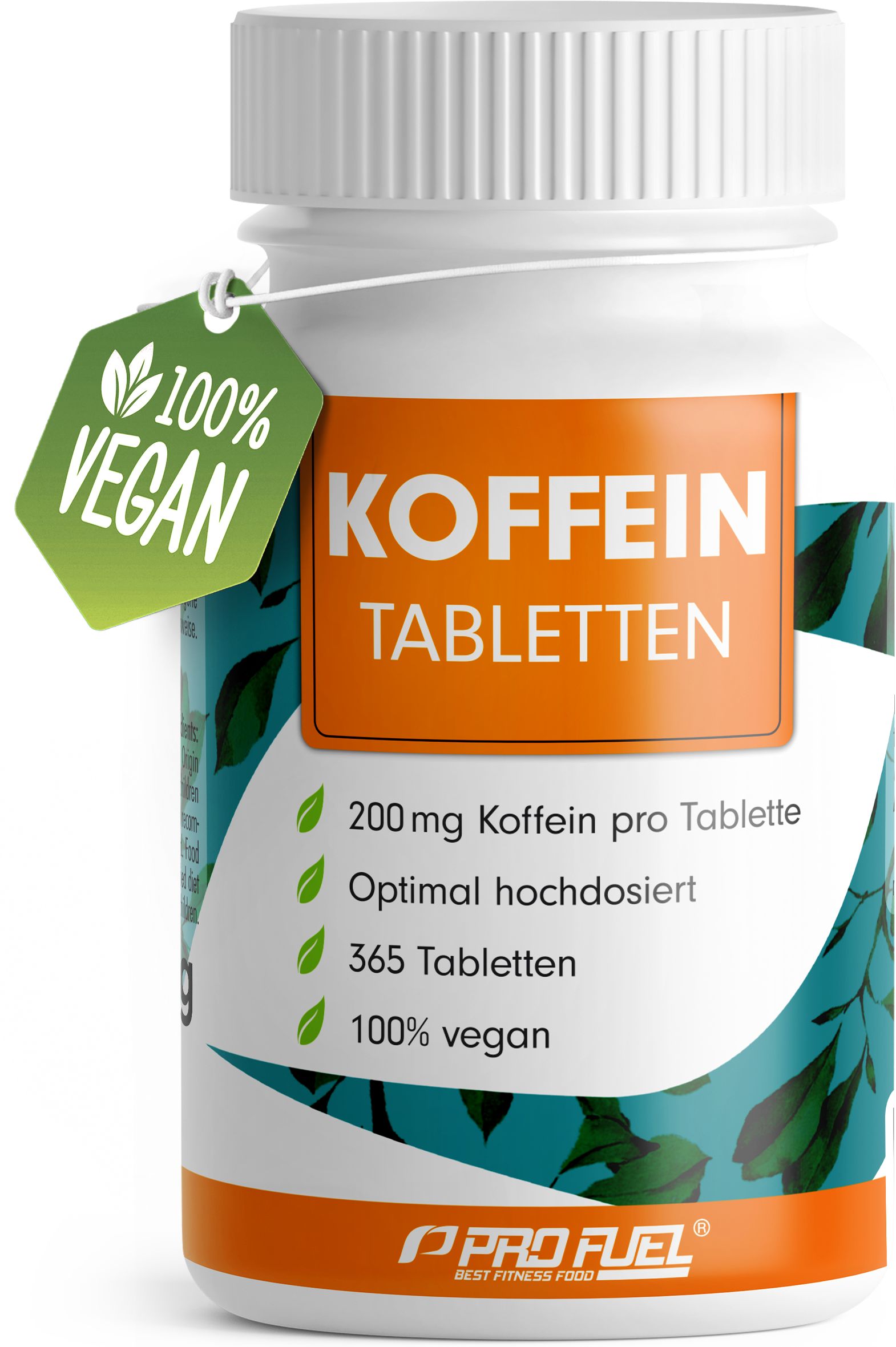 ProFuel Koffeintabletten Flasche mit 365 Tabletten, 200 mg Koffein pro Tablette, 100% vegan.