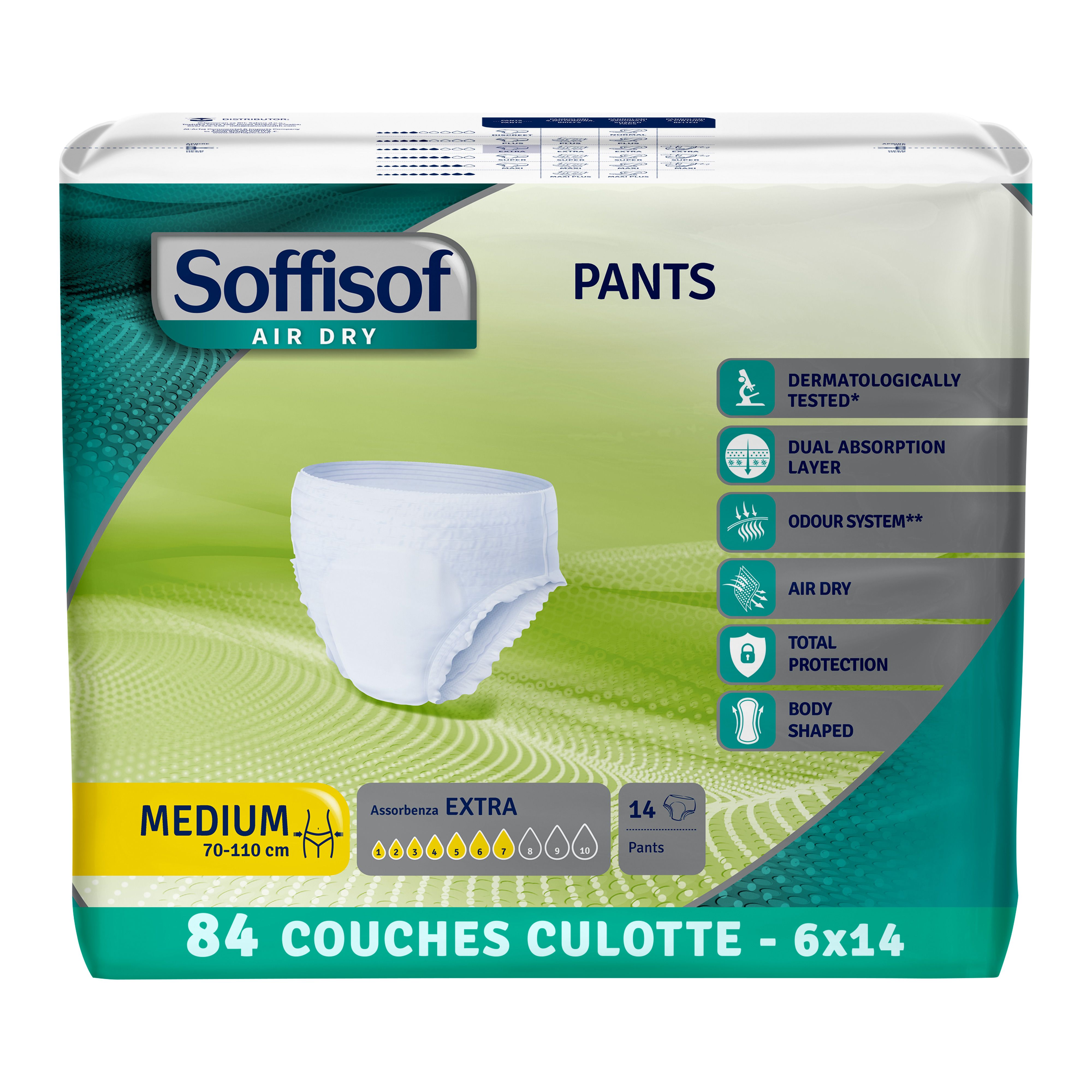 Paquet de Soffisof Pants Extra. Taille Medium, 70-110 cm. 14 couches. Caractéristiques sur l'emballage.