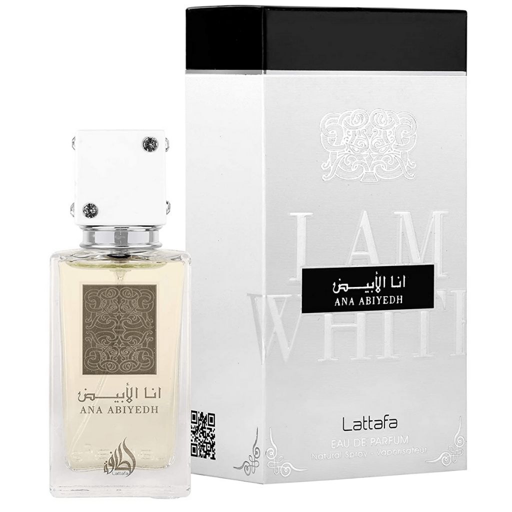 Parfümflakon und Verpackung. Flakon mit weißem Deckel, silbernem Hals und Etikett. Verpackung mit Schriftzug "I AM WHITE" und arabischer Schrift.