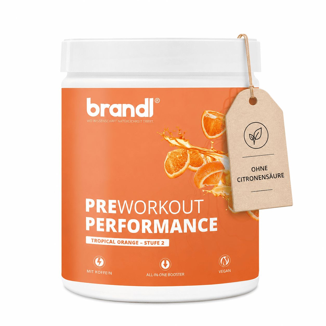 Dose brandl® Pre-Workout Performance, Tropical Orange, Stufe 2. Text: Mit Koffein, All-in-One Booster, Vegan, ohne Citronensäure.