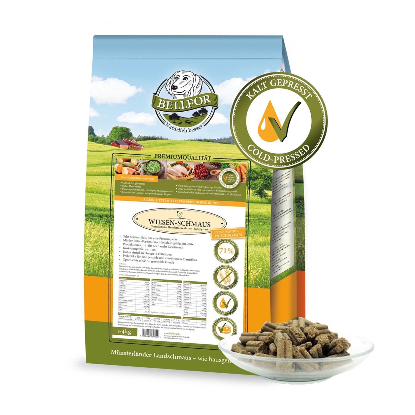 Hundefutter-Beutel mit Produktabbildung und Text. Enthält Kroketten in einer Glasschale.