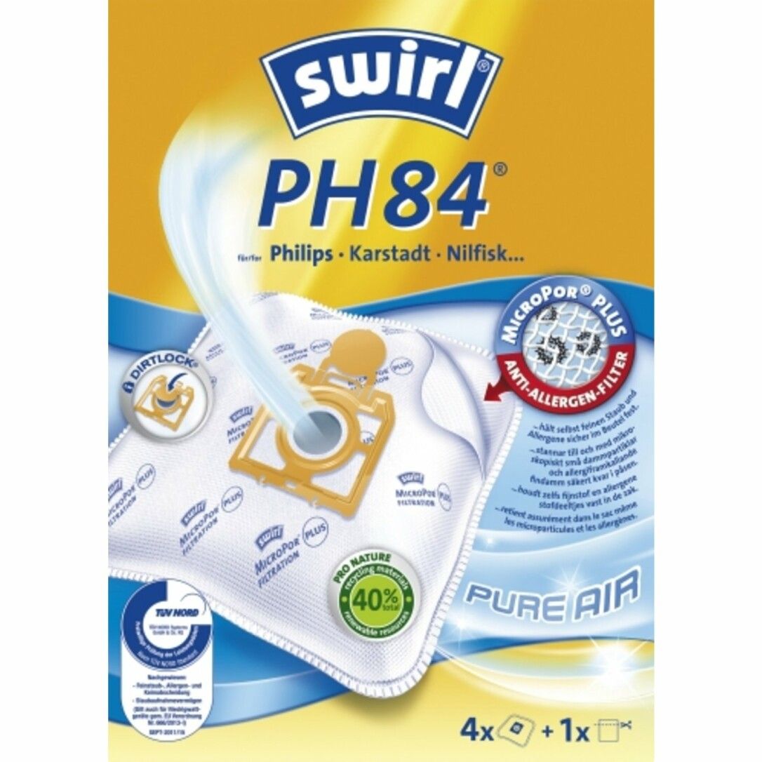 Staubsaugerbeutel-Packung. Marke: Swirl. Modell: PH84. Enthält 4+1 Beutel. Mit Anti-Allergen-Filter und MicroPor Plus Technologie. Für Philips, Karstadt, Nilfisk.