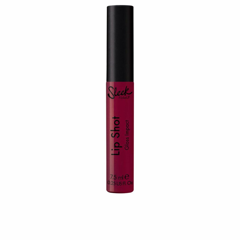 Lippen-Gloss-Tube mit schwarzem Deckel. Aufschrift: Sleek, Lip Shot, Gloss Impact. Farbe: Dunkelrot.
