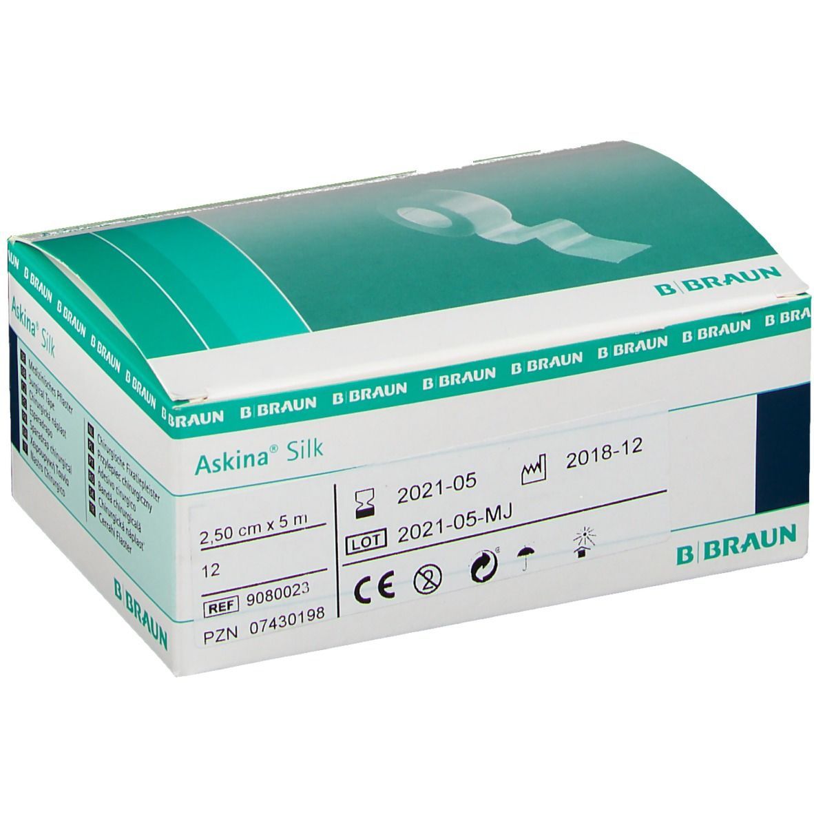 Verpackung von Askina® Silk Seidenpflaster. Grün-weiße Schachtel mit Produktinformationen und B. Braun Logo.