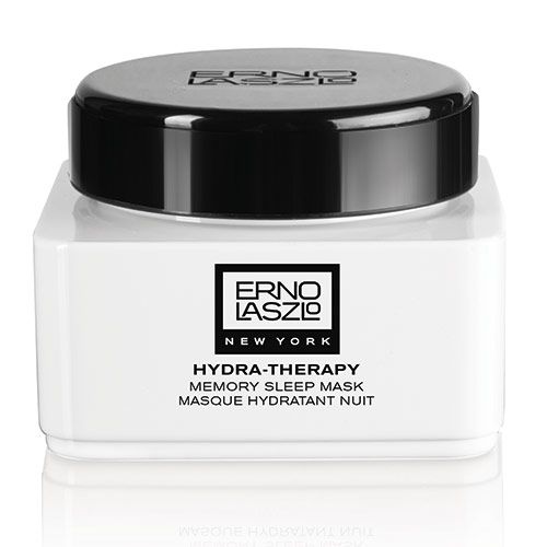 Weißer Tiegel mit schwarzem Deckel. Aufschrift: Erno Laszlo, Hydra-Therapy Memory Sleep Mask, Masque Hydratant Nuit.