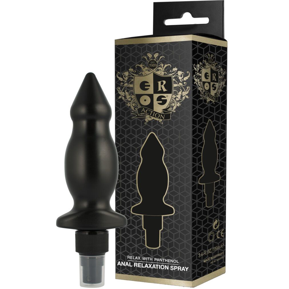 Schwarzes Anal Relax Spray mit Panthenol und Verpackung. Aufdruck: Eros Action, Logo, Relax with Panthenol, Anal Relaxation Spray.