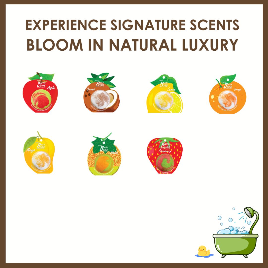 Verschiedene Badbomben-Verpackungen. Text: Experience Signature Scents Bloom in Natural Luxury. Logo: Bubble Bath Bomb.