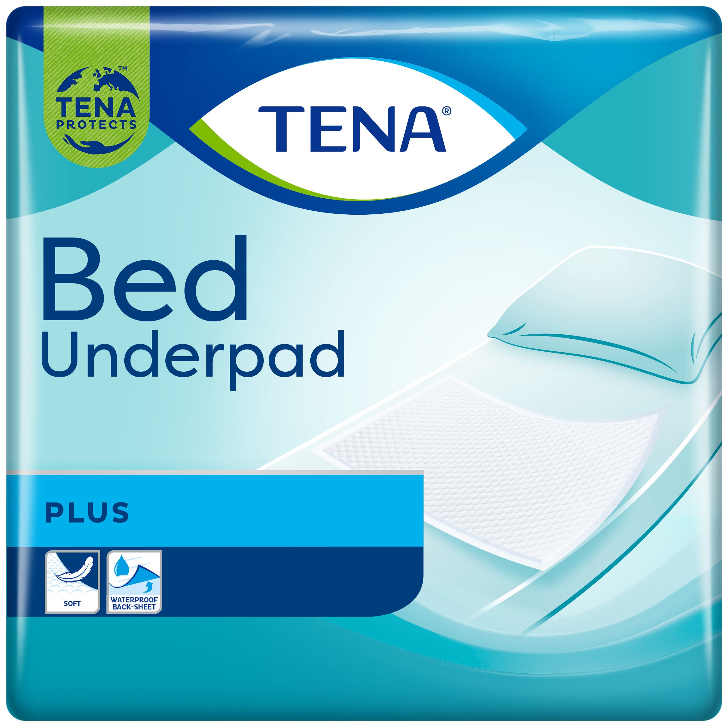 Verpackung mit TENA Bed Underpad Plus. Blau-weißes Design. Logo TENA und Produktbezeichnung. Weiche, wasserdichte Rückseite.