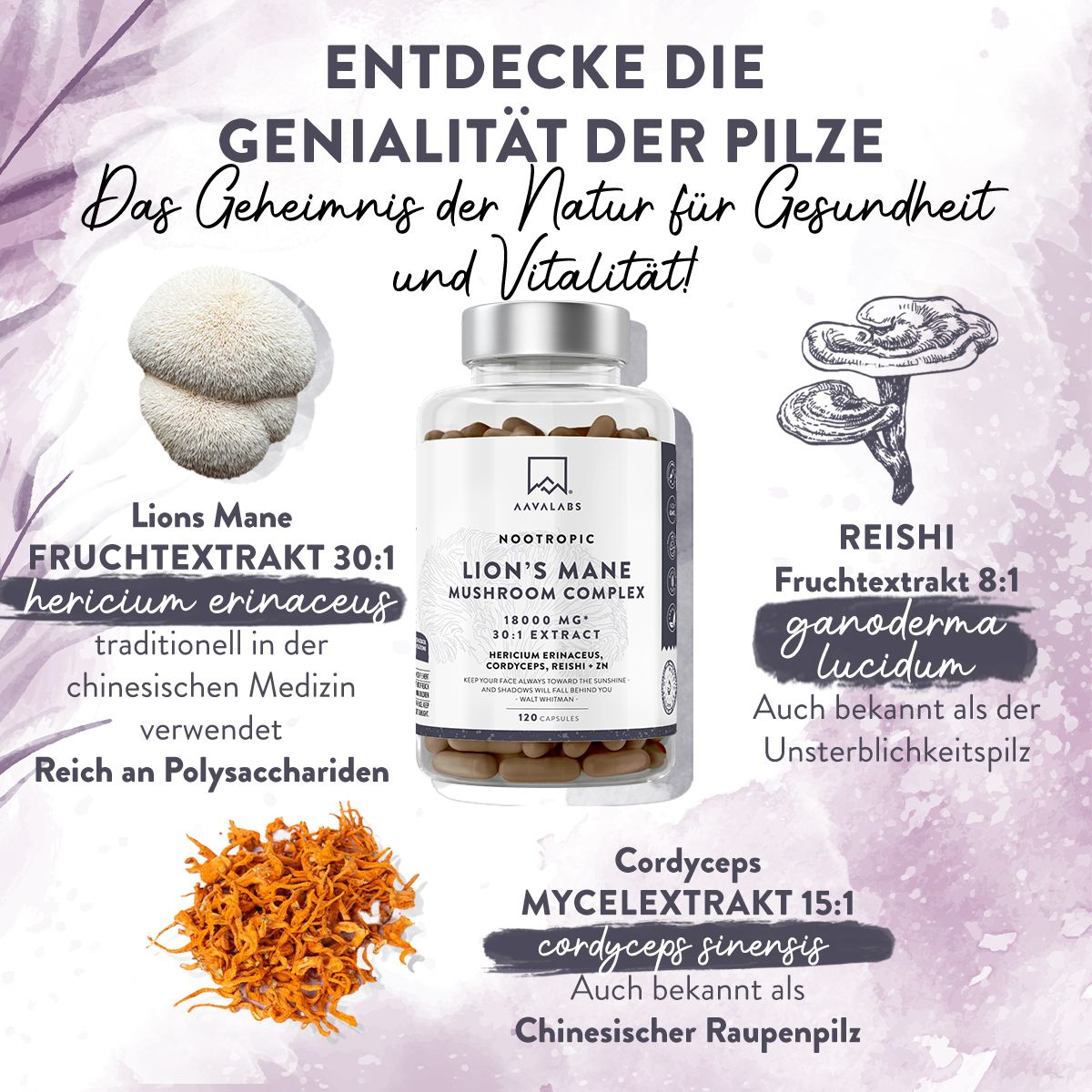 Produkt mit Illustrationen und Text. Enthält Informationen über Inhaltsstoffe und Vorteile. Marke: AAVALABS.