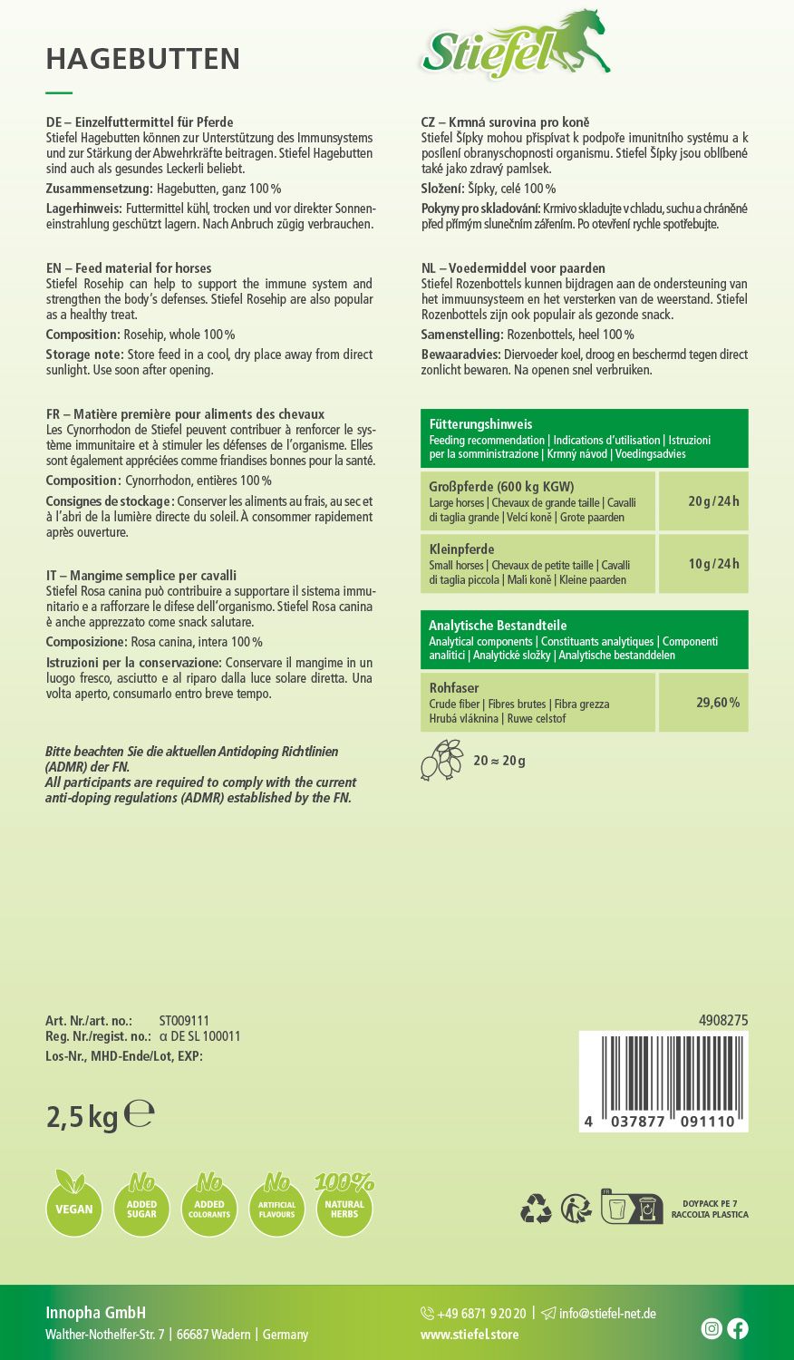 Rückseite der Stiefel Hagebutten Verpackung. Text in mehreren Sprachen, Inhaltsstoffe, Fütterungsempfehlung, analytische Bestandteile, Zertifizierungen.