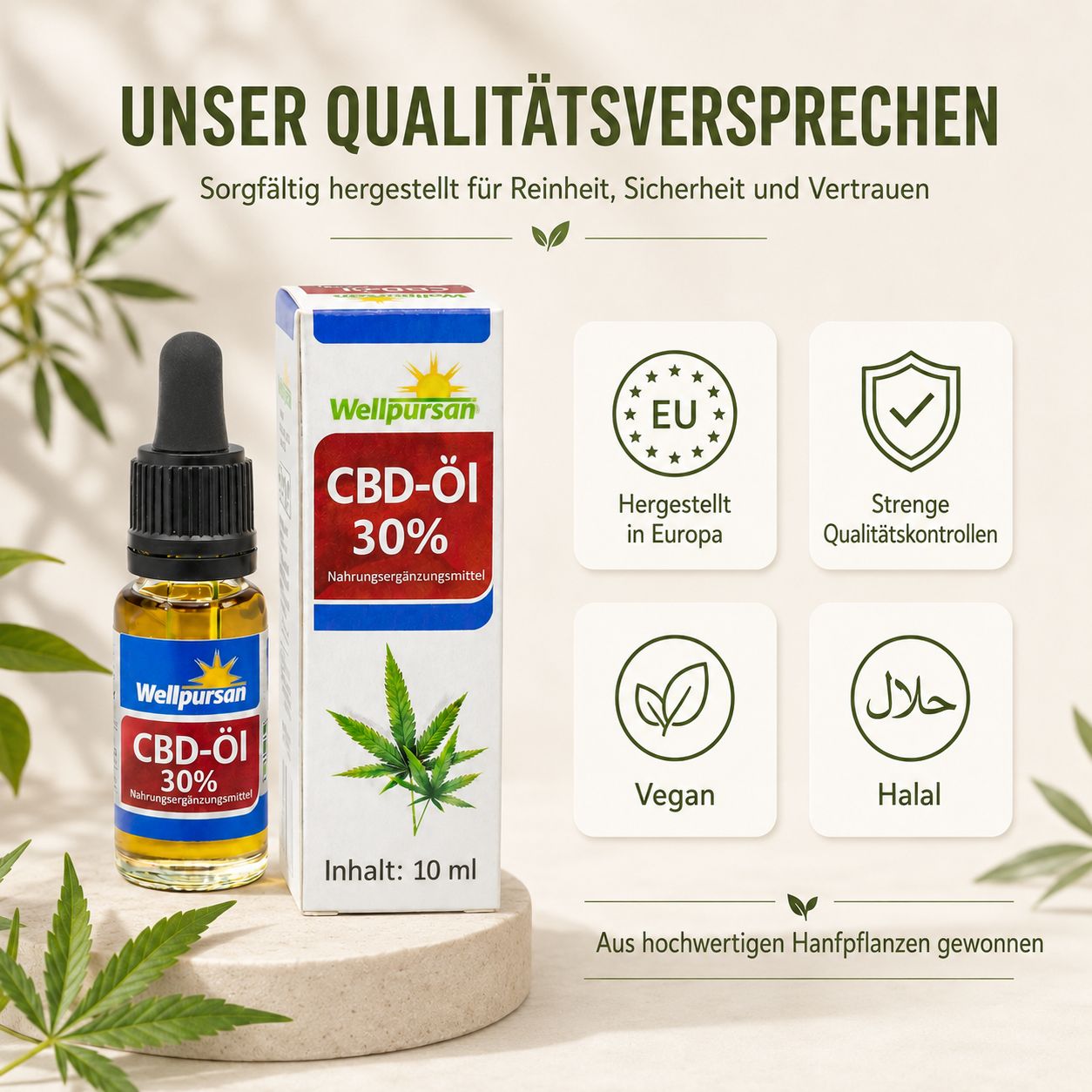 Wellpursan CBD-Öl 10% Flasche mit Pipette, Faltschachtel, Anwendungsschritte 1, 2, 3.