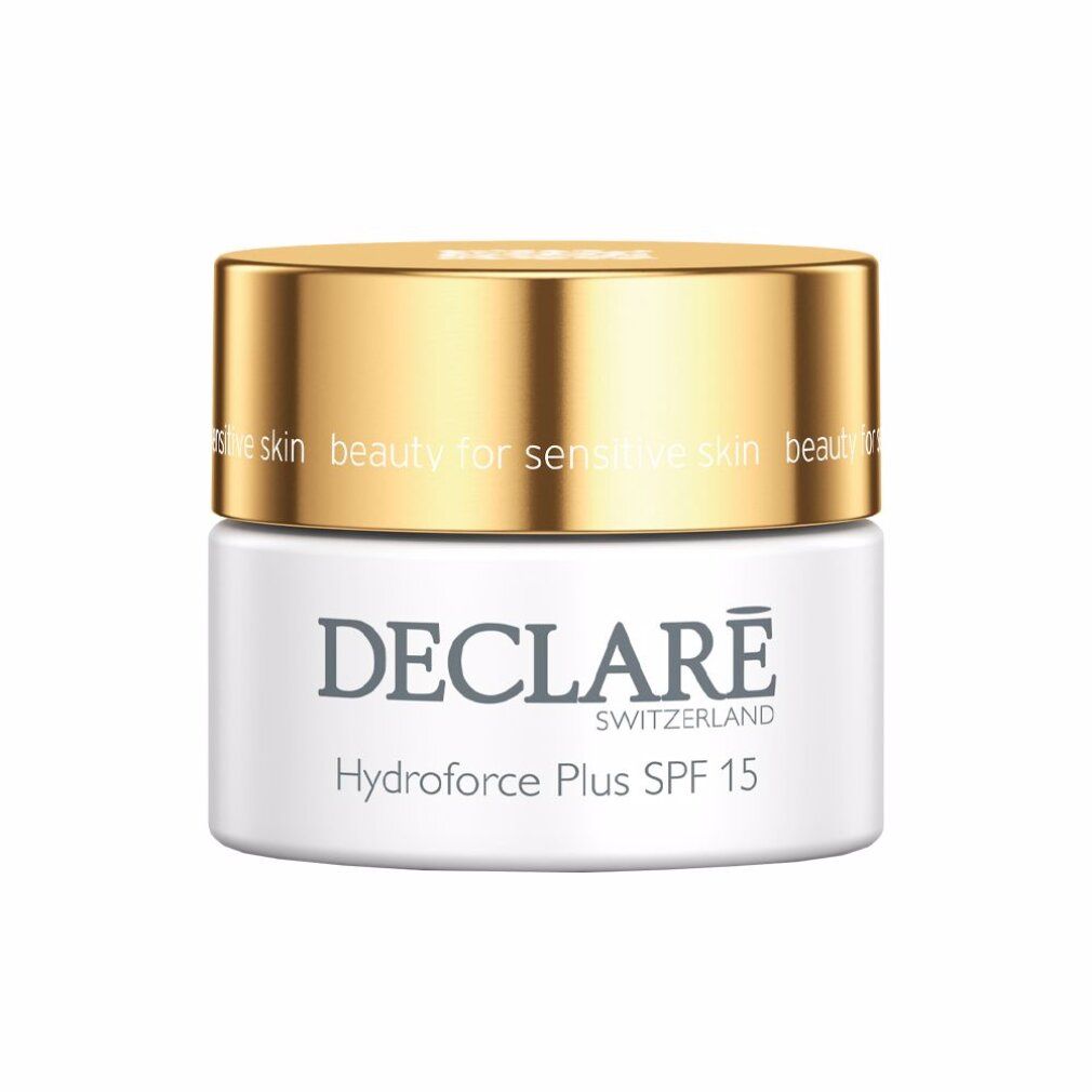 Creme-Tiegel mit weißem Boden und goldenem Deckel. Aufschrift: DECLARE SWITZERLAND Hydroforce Plus SPF 15.