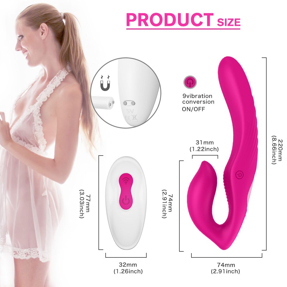 Pinkfarbener Vibrator mit Fernbedienung. Maße und Produktinformationen sind auf dem Bild angegeben.