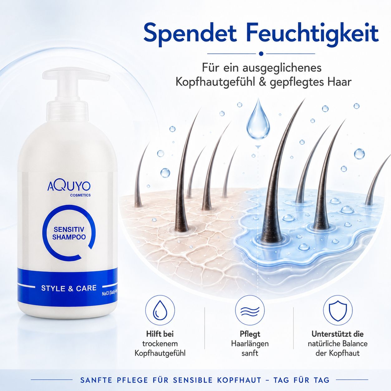 AQUYO SENSITIV SHAMPOO: Spendet Feuchtigkeit. Hilft bei trockenem Kopfhautgefühl. Pflegt Haarlängen sanft.