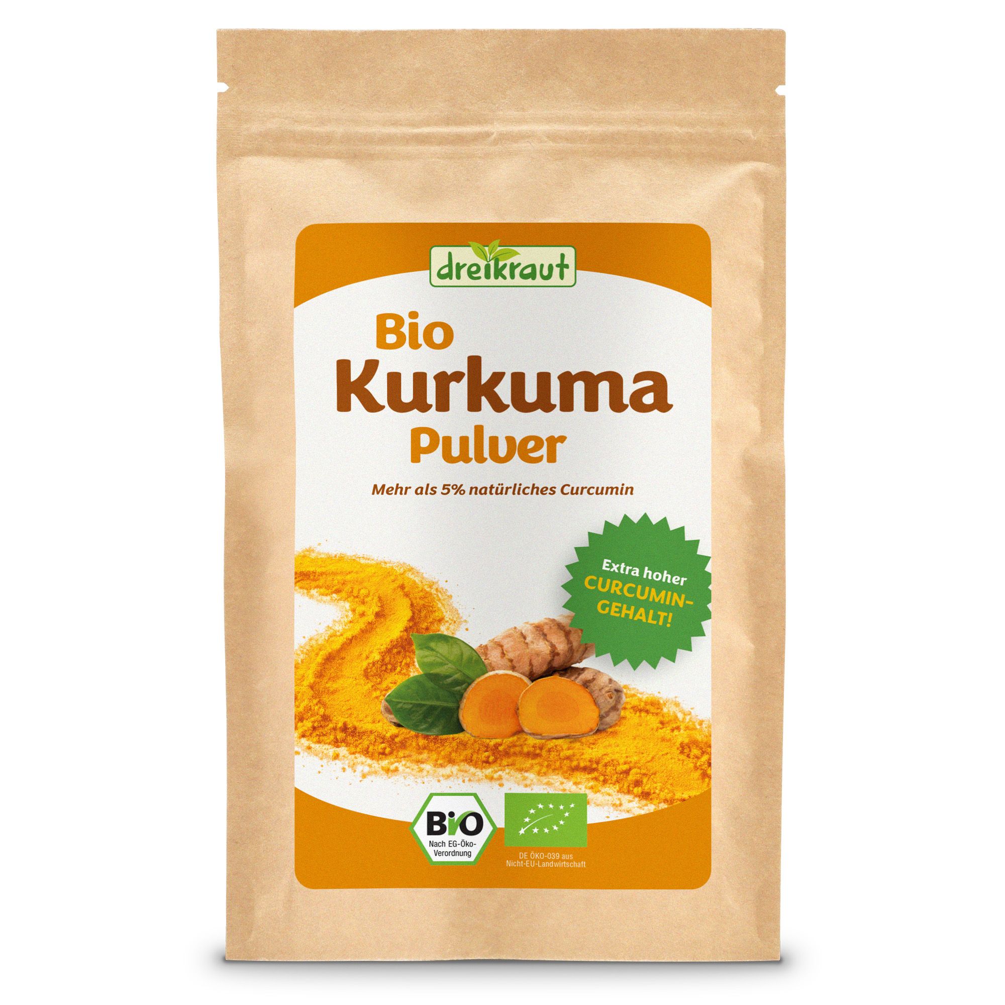 Ein Beutel 'dreikraut Bio Kurkuma Pulver' mit Bio-Siegel und Hinweis auf hohen Curcumin-Gehalt.