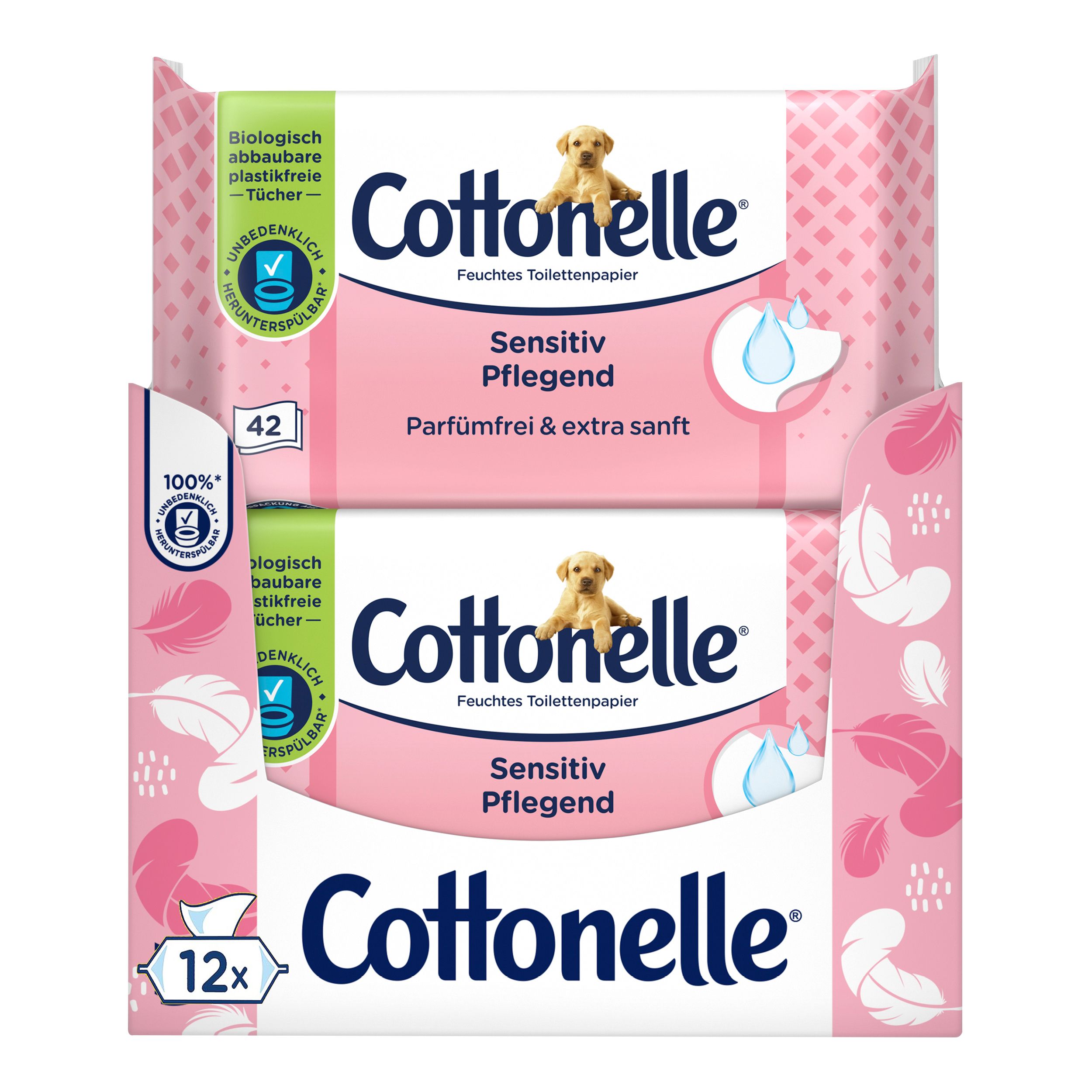 Zwei rosa Cottonelle-Packungen mit 42 Tüchern. Text: "Sensitiv Pflegend", "Parfümfrei & extra sanft". Logo: Cottonelle und ein Hundewelpen. 12x Packungen.