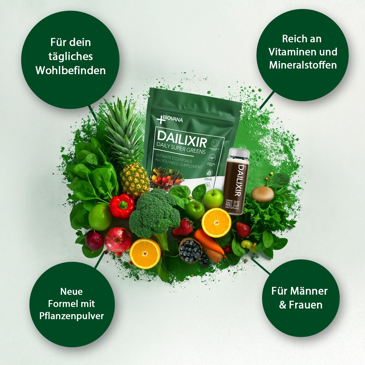 Produktverpackung und Flasche umgeben von Obst und Gemüse. Text in Kreisen: 'Für dein tägliches Wohlbefinden'.