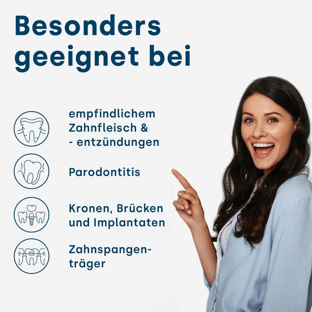 Frau zeigt auf Text. Text: empfindliches Zahnfleisch, Parodontitis, Kronen, Brücken, Implantate, Zahnspangenträger.