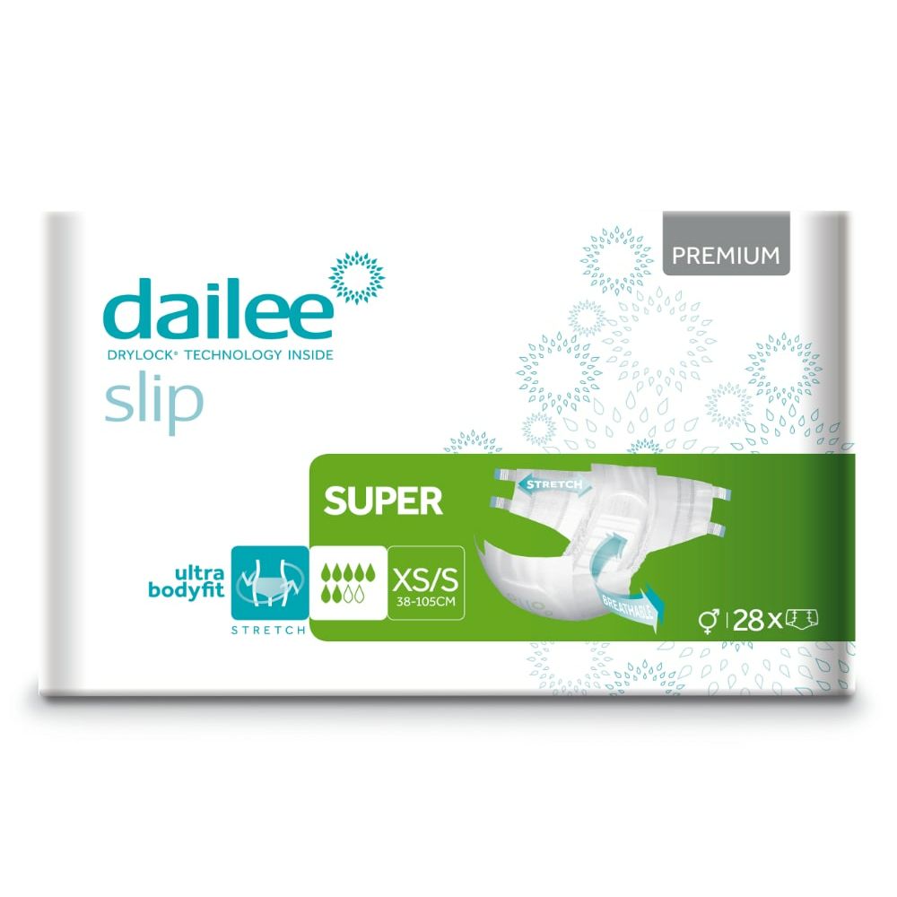 Verpackung von Dailee Slip Premium Super. Weiß mit grünen und blauen Akzenten. Enthält 28 Stück. Größe XS/S.