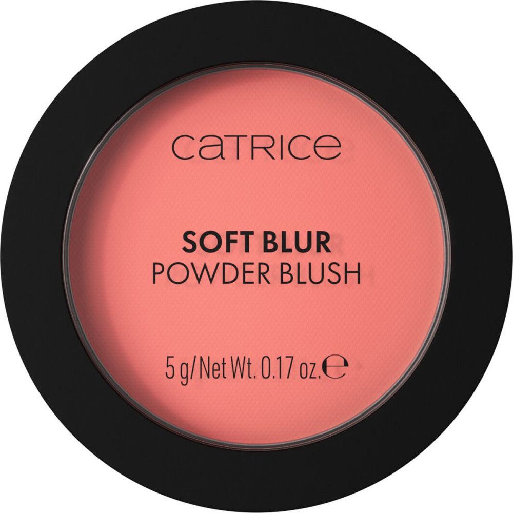 Runder, schwarzer Behälter mit rosa Rouge. Aufschrift: Catrice Soft Blur Powder Blush.