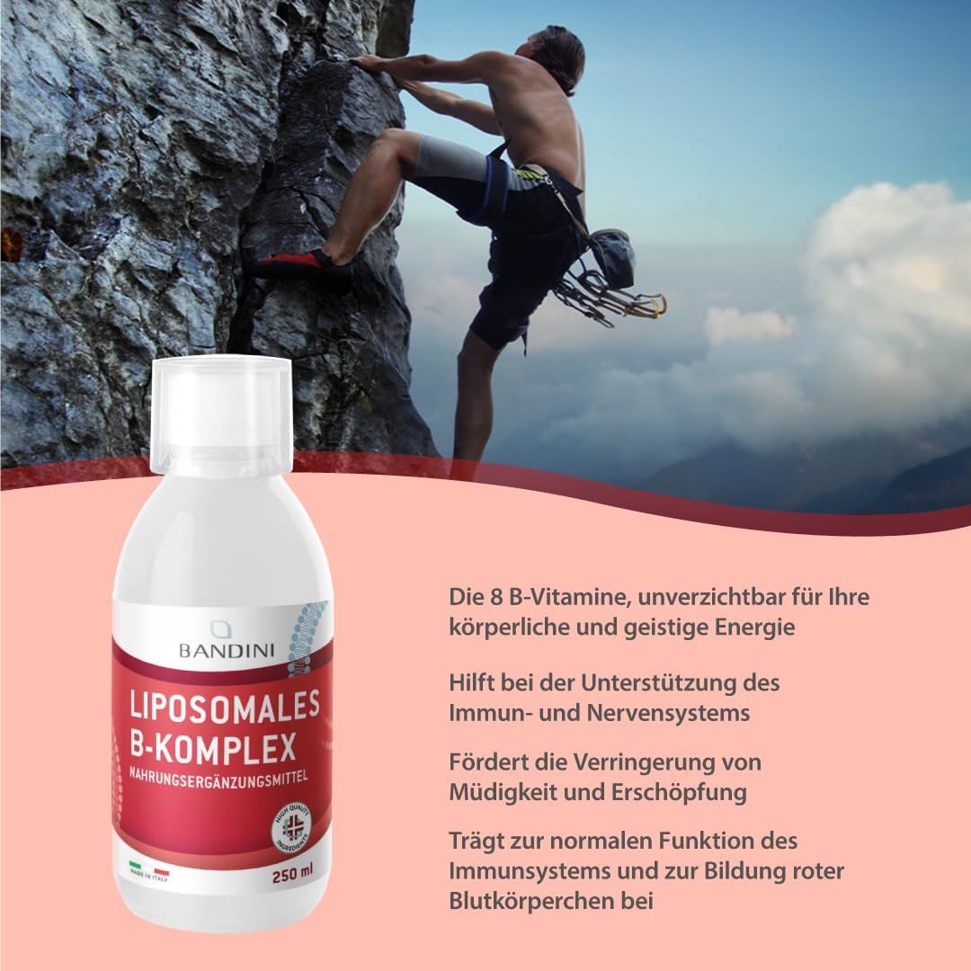Bandini Liposomales B-Komplex in Flasche. Text: Die 8 B-Vitamine, unverzichtbar für Ihre körperliche und geistige Energie. Hilft bei der Unterstützung des Immun- und Nervensystems.