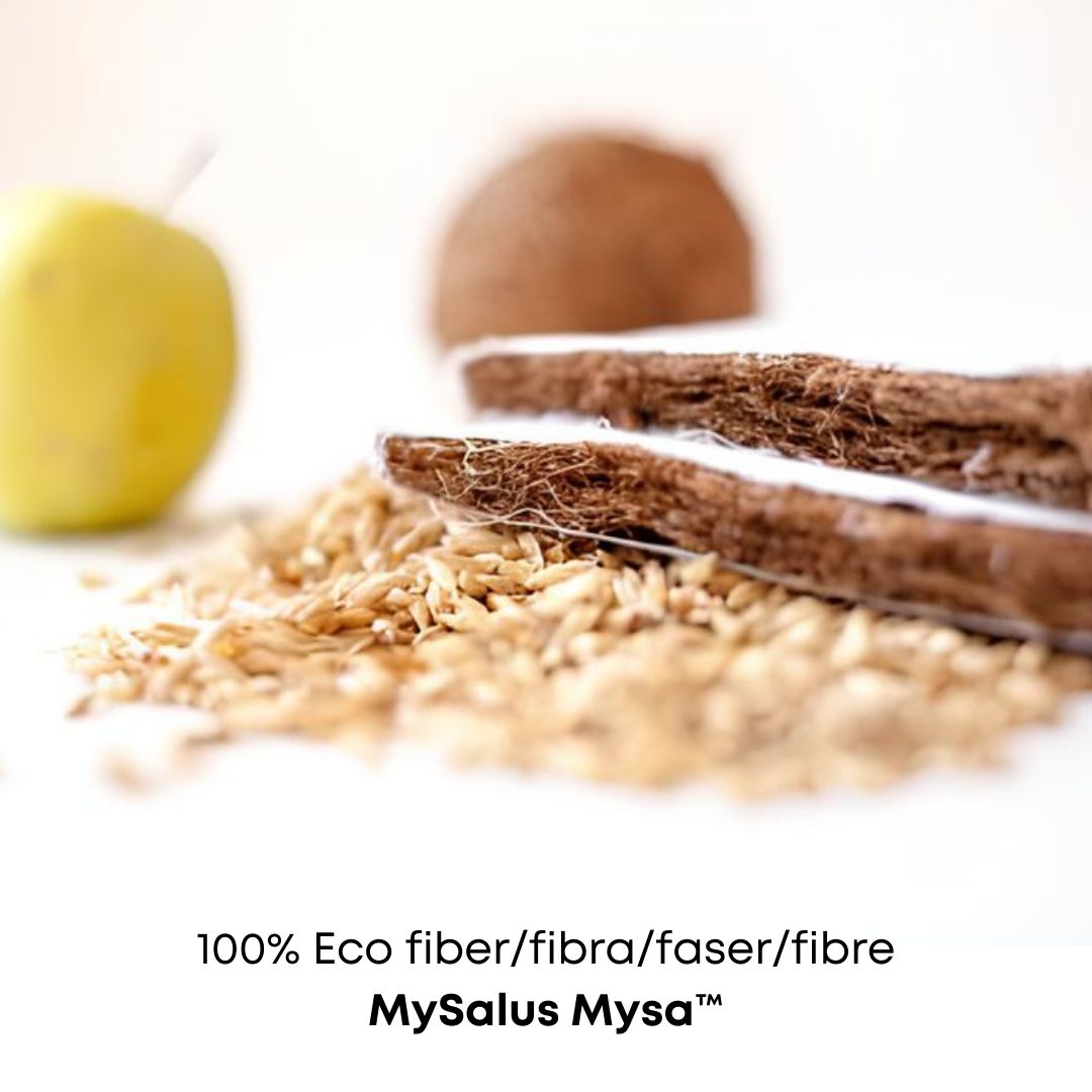 Kokosfasern, Haferflocken und ein Apfel. Text: 100% Eco fiber/fibra/faser/fibre MySalus Mysa.