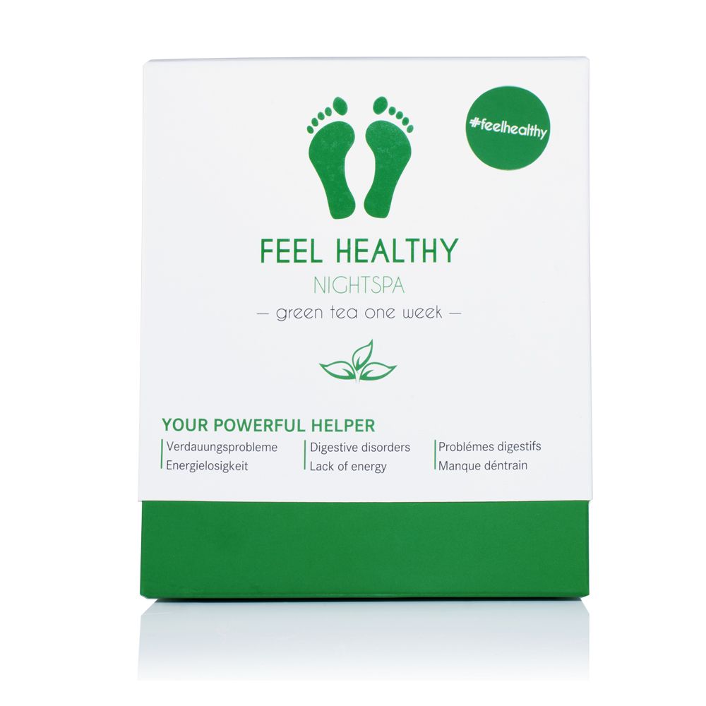 Weiße Schachtel mit grünem Streifen. Aufdruck: Feel Healthy Nightspa, grüne Fußsymbole, Text. Produktname und Text in Deutsch und Englisch.