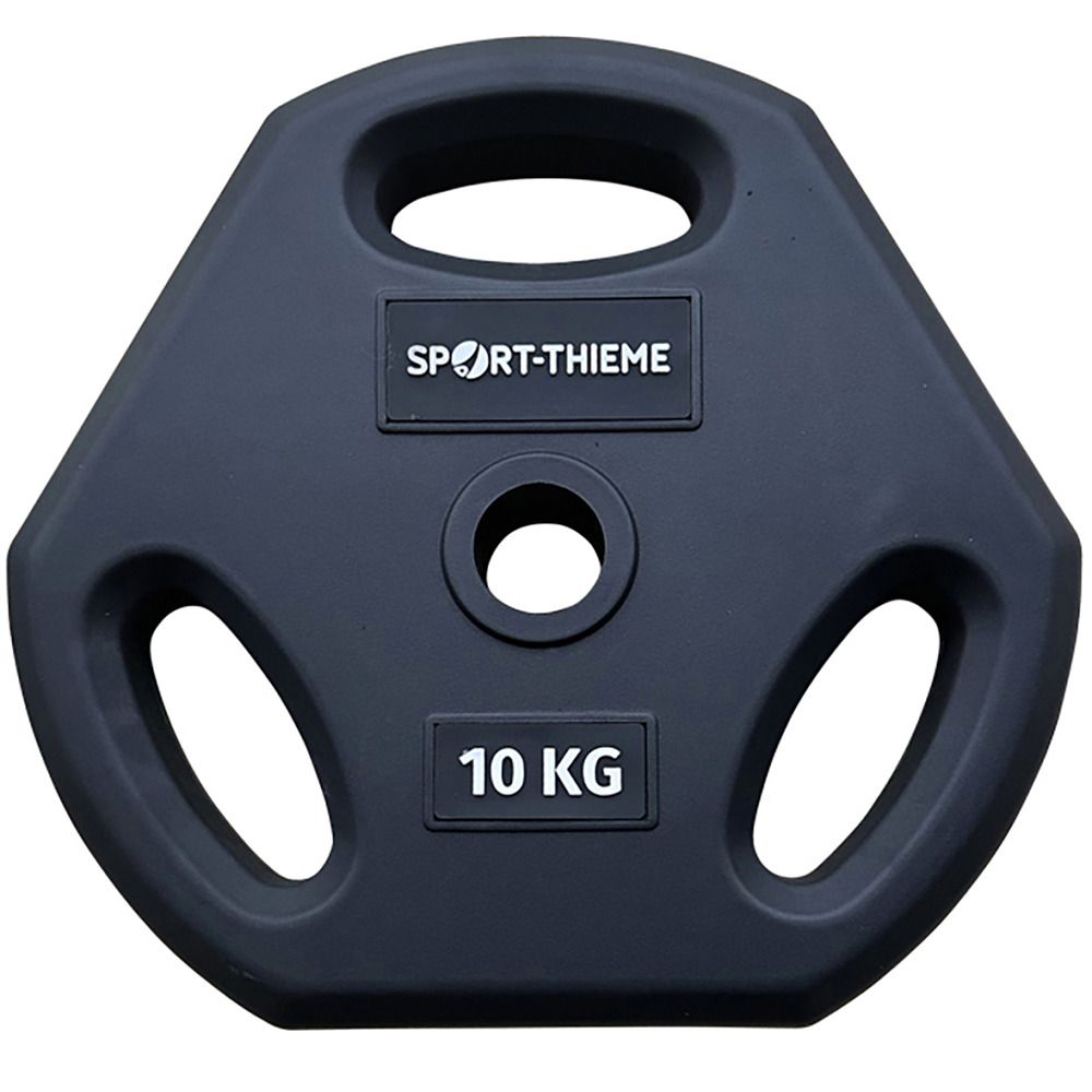 Schwarze Hantelscheibe, sechseckig mit Griffen. Sport-Thieme Logo und 10 KG Gewichtangabe.