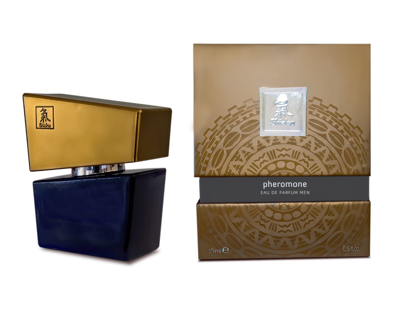 Parfümflakon und Schachtel. Flakon blau und goldfarben. Schachtel: Pheromone Eau de Parfum Men.