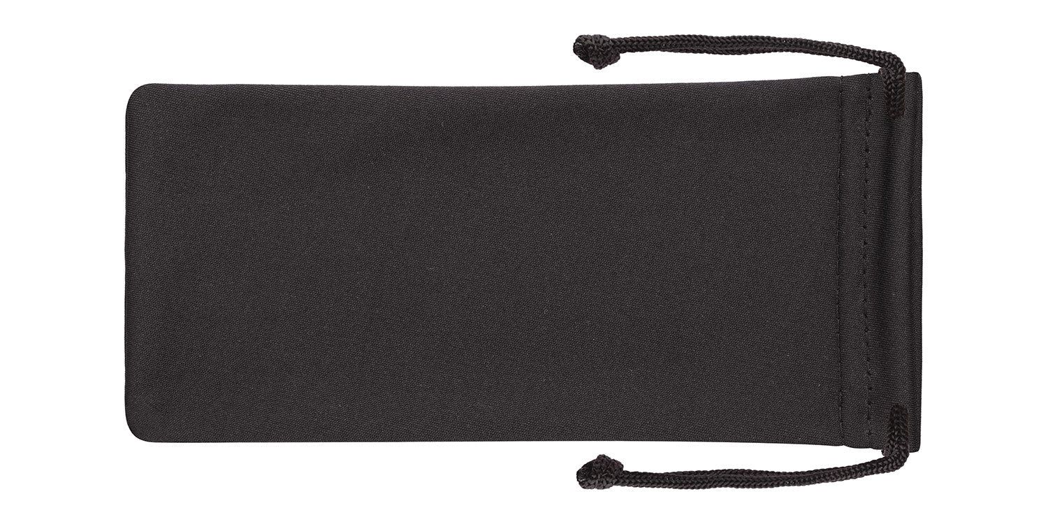Schwarzer Mikrofaser-Beutel mit Kordelzug. Rechteckige Form, flach liegend.