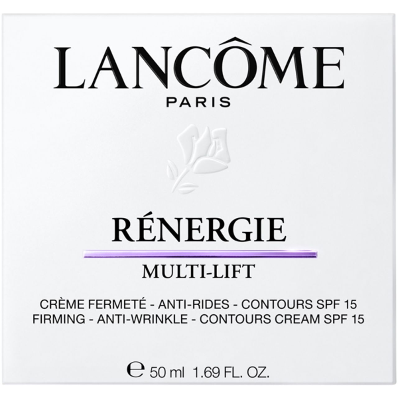 Weiße Verpackung mit Lancôme-Logo und Rénergie Multi-Lift. Text: Crème fermeté, anti-rides, contours SPF 15.