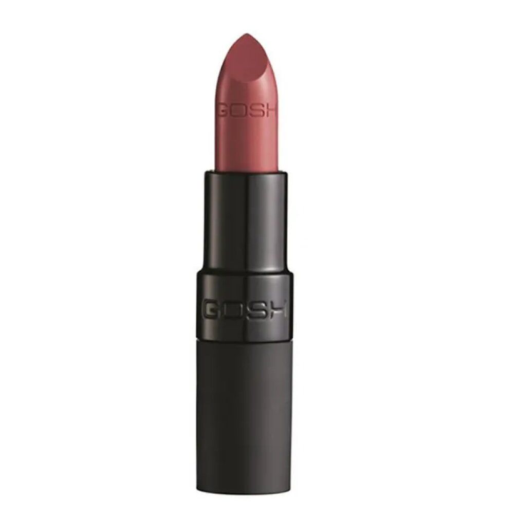 Gosh Velvet Touch Lippenstift 014 Matt Cranberry. Der Lippenstift hat eine matte, cranberryfarbene Spitze und einen schwarzen, zylindrischen Behälter. Der Markenname Gosh ist auf dem Behälter aufgedruckt.