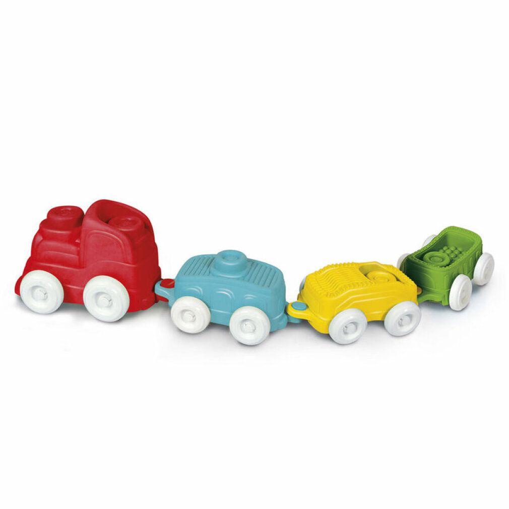 Clemmy Sensory Train Spielzeugzug mit roter Lokomotive, blauen, gelben und grünen Waggons. Weiße Räder. Verbunden.