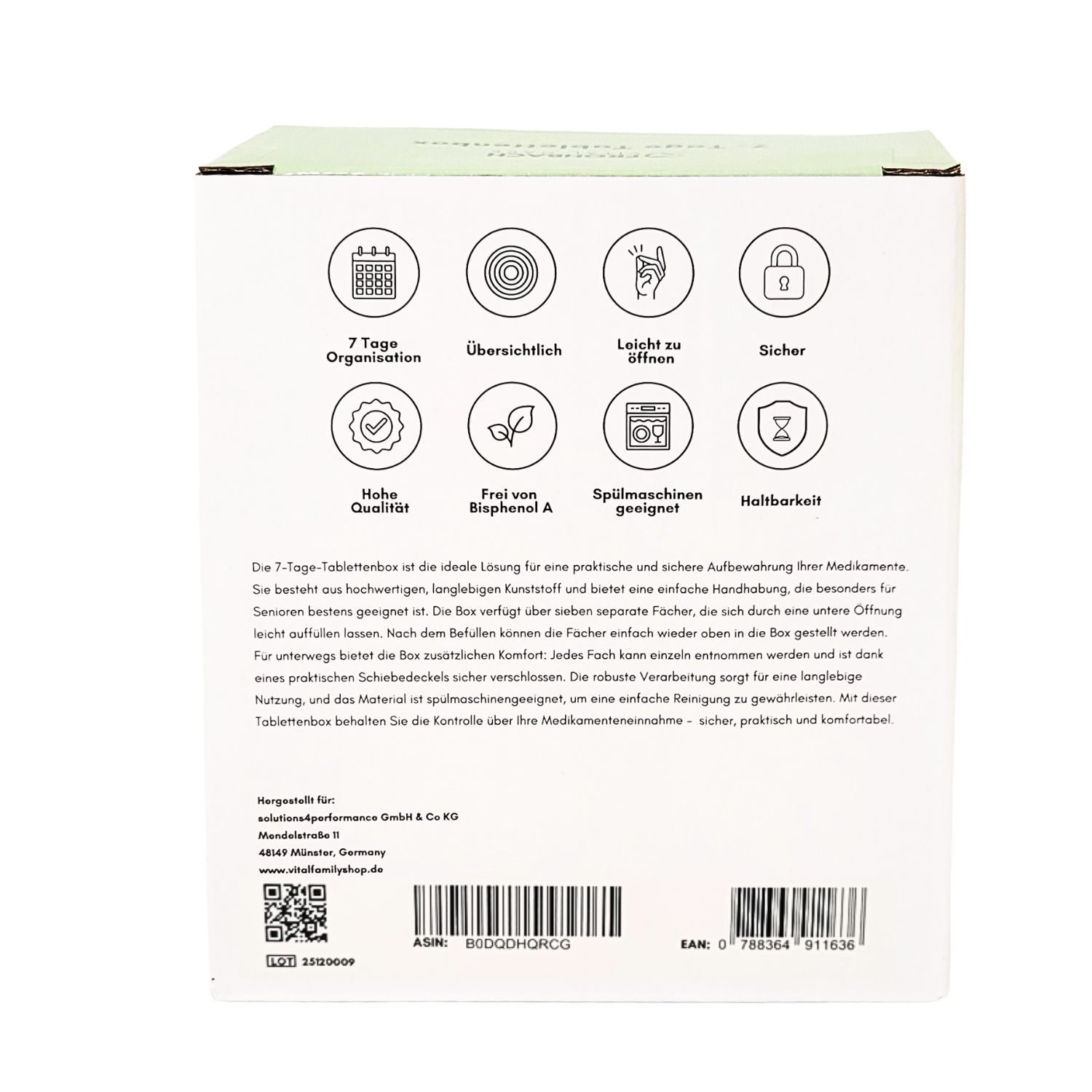 Verpackung der 7-Tage-Tablettenbox. Text und Piktogramme auf weißem Hintergrund.
