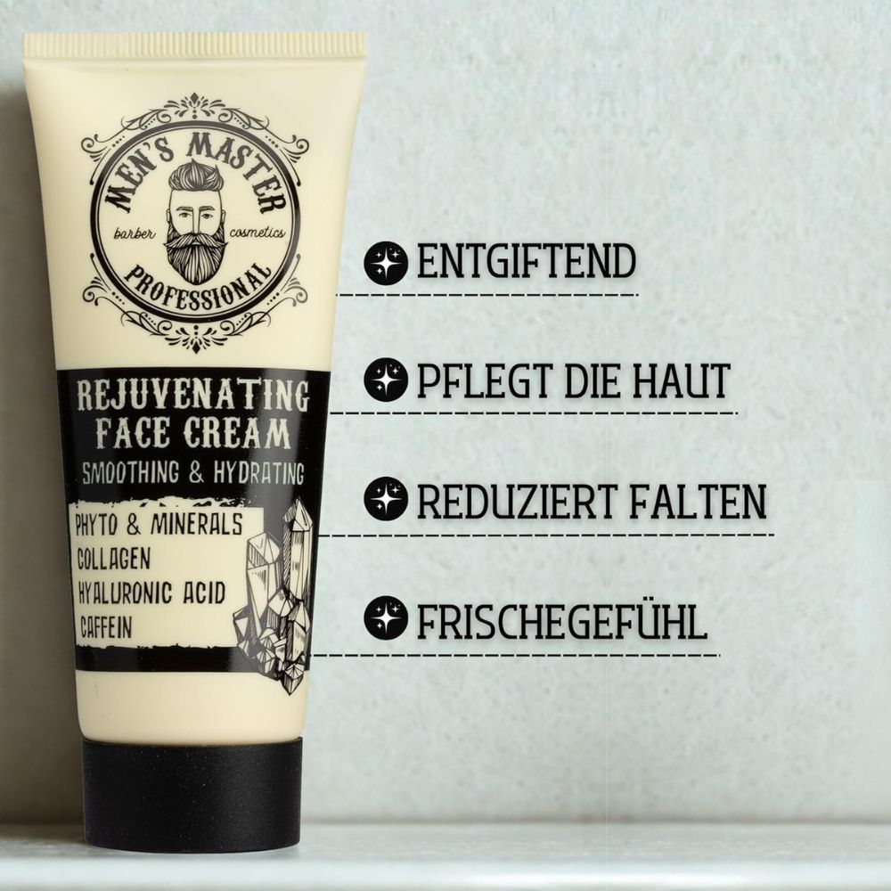 Creme-Tube. Aufschrift: Men's Master Professional. Rejuvenating Face Cream. Enthält Phyto & Minerals. Text neben Symbolen.