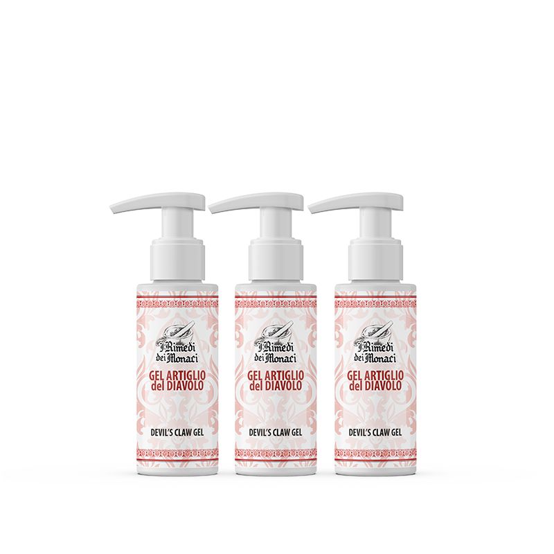 Drei Flaschen Gel Artiglio del Diavolo mit Dosierpumpe. Aufschrift: Gel Artiglio del Diavolo, Devil's Claw Gel. Marke: I Rimedi dei Monaci.