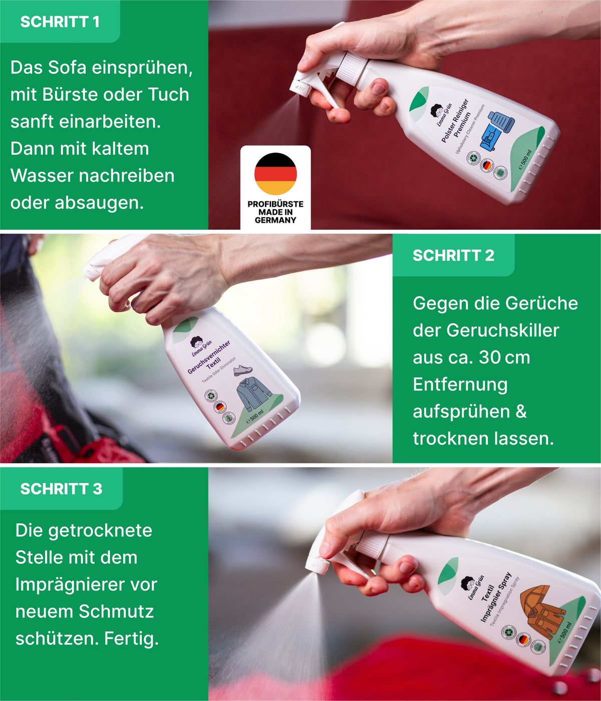 Emma Grün® Polstermöbel reinigen Set mit Reiniger, Geruchsvernichter & Imprägnierer