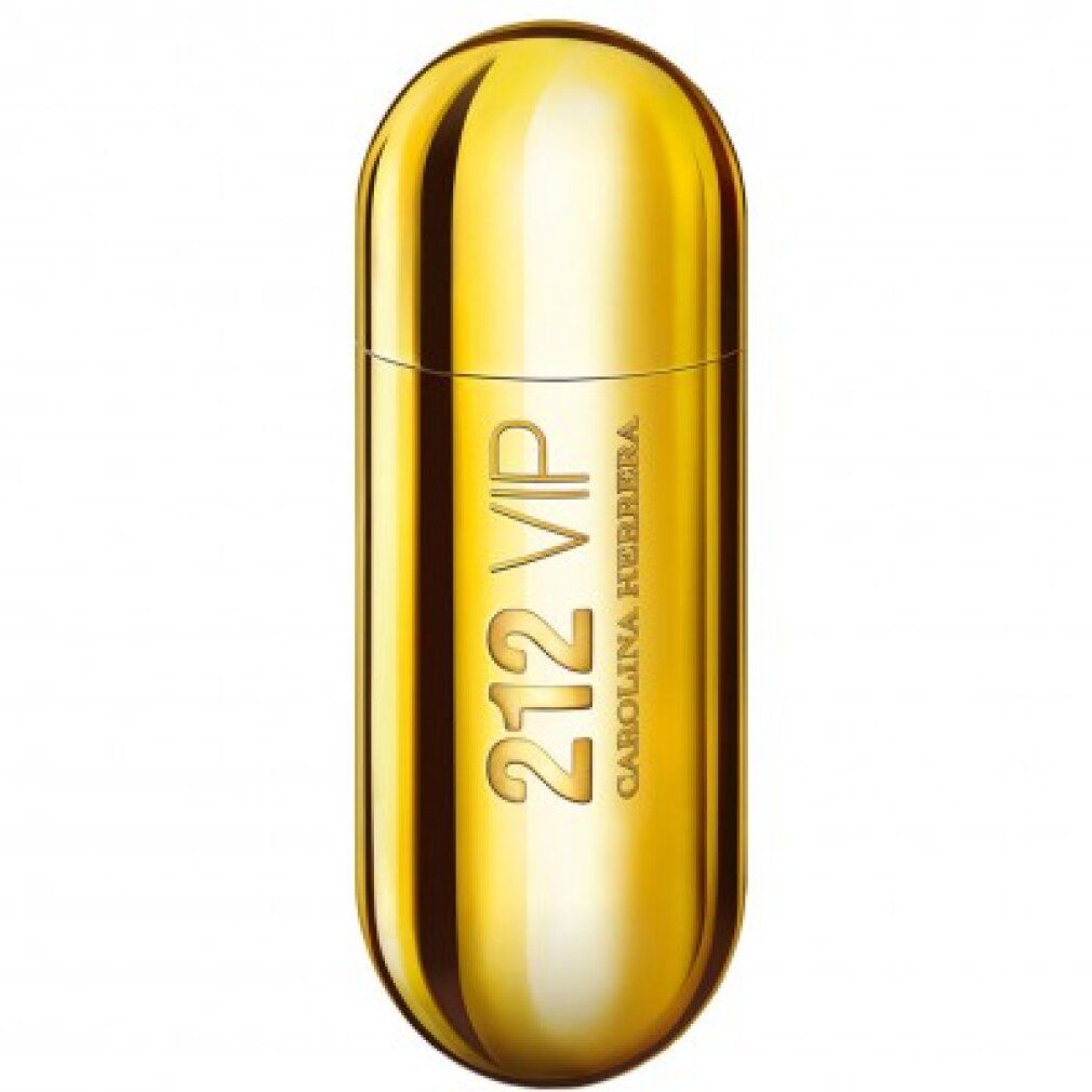 Goldfarbene, pillenförmige Parfümflasche mit "212 VIP" und "Carolina Herrera" Schriftzug.