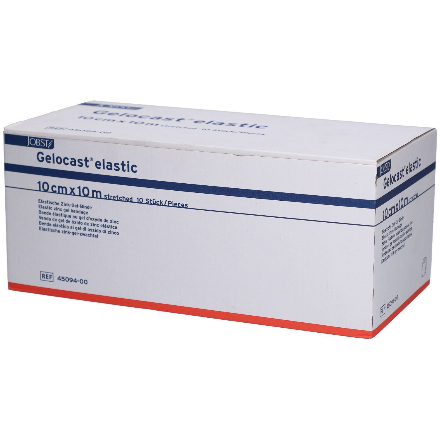 Verpackung von Gelocast® elastic. Aufschrift: 10cmx10m, elastic Zink-Gel-Binde. Marke JOBST. Weiße Box mit blauer Schrift.