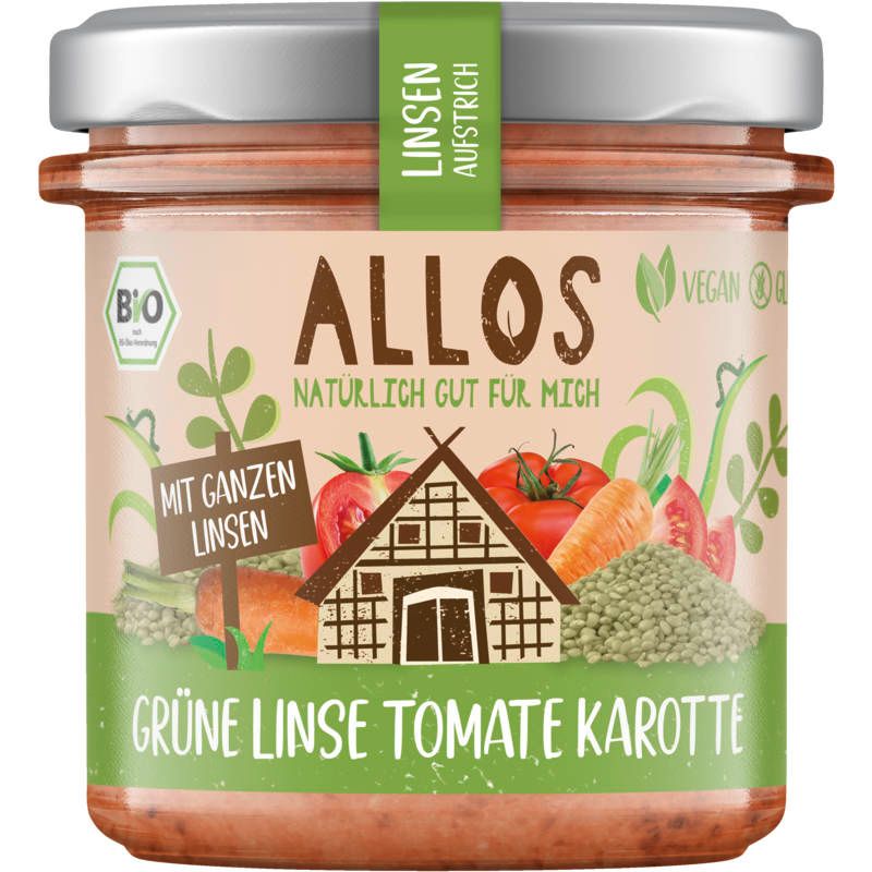 Glas mit Aufstrich. Aufschrift: ALLOS, Grüne Linse Tomate Karotte. Bio-Siegel, Vegan-Logo. Abbildung von Gemüse.