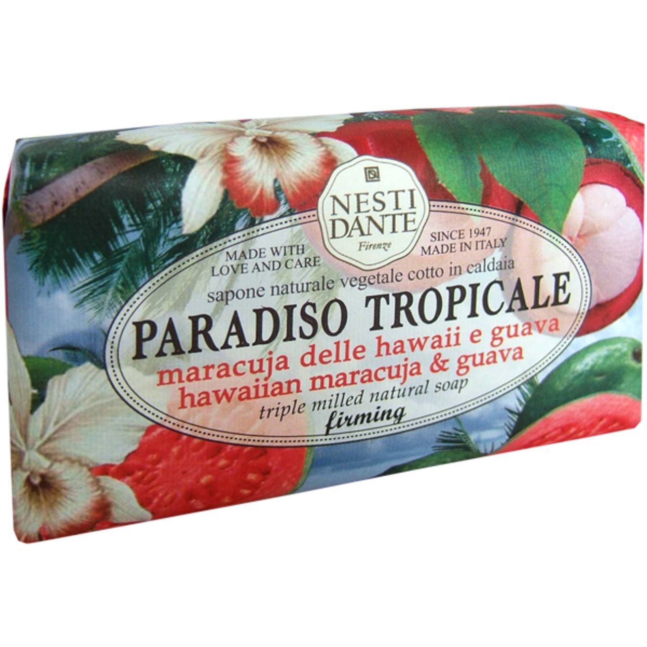 Sapone in confezione floreale. Testo: Paradiso Tropicale, maracuja & guava. Marchio: Nesti Dante.