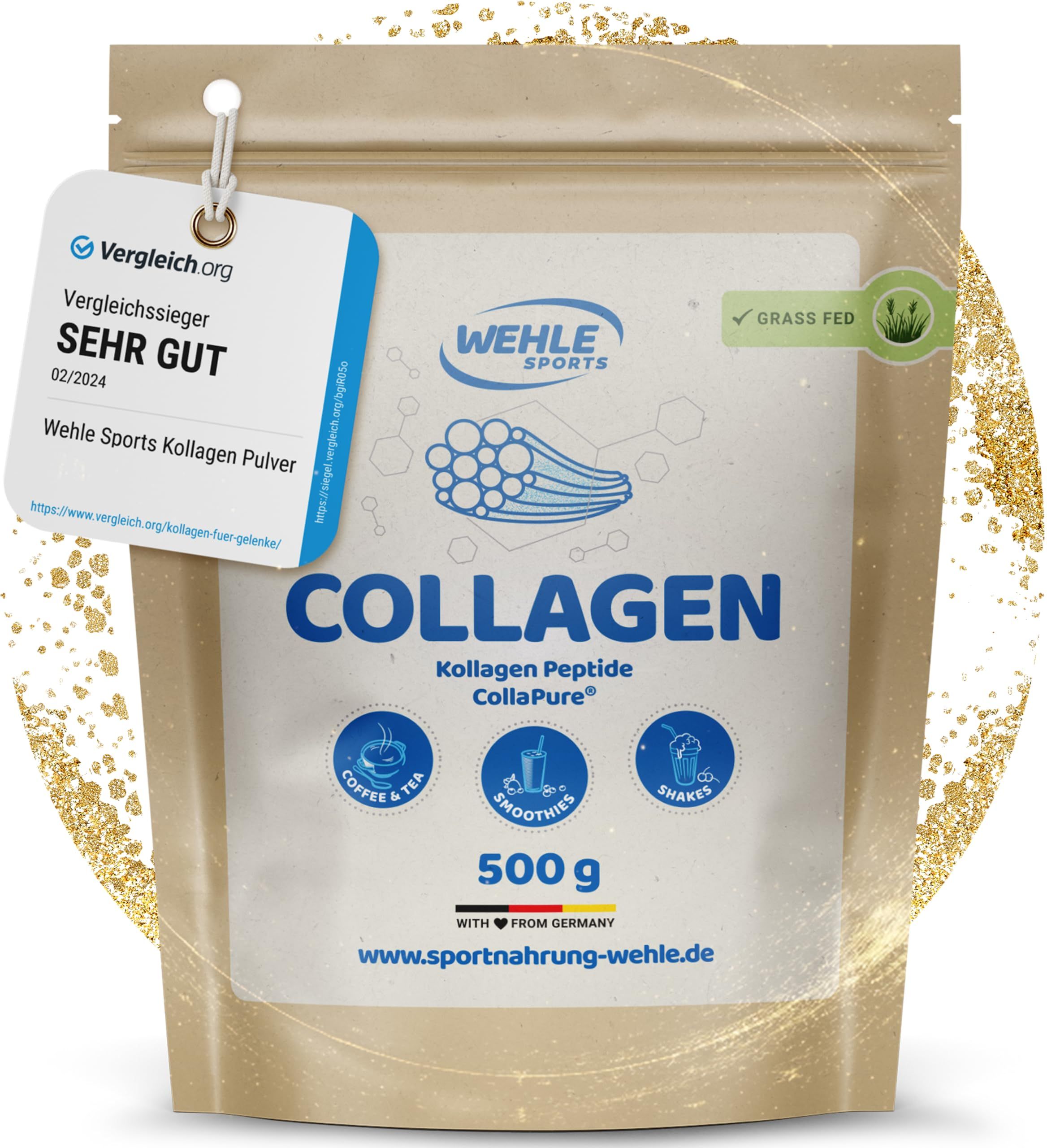 Beutel mit Kollagen-Pulver. Aufschrift: Kollagen Peptide, 500g. Anhänger: Vergleich.org, Sehr Gut. Grün: Grass Fed.