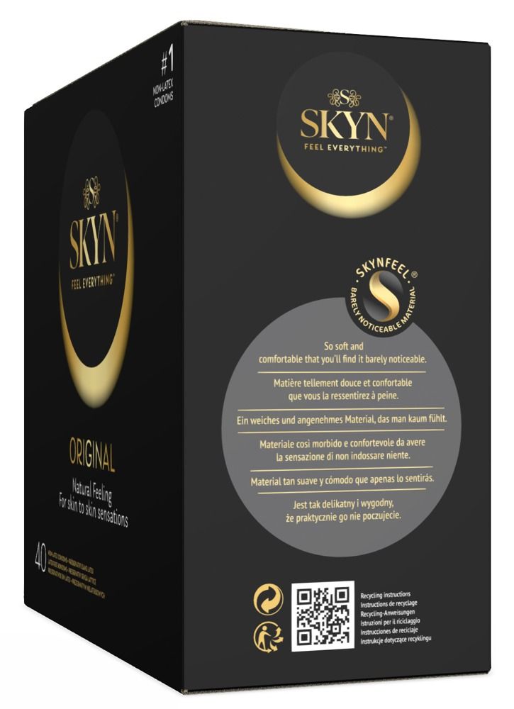 Schwarze Verpackung mit SKYN-Logo und Produktbezeichnung. Enthält 40 Kondome. Aufschrift: Original, Natural Feeling.