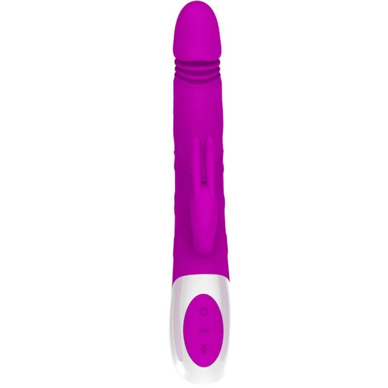 Lila Vibrator mit Kaninchenohren und geriffelter Oberfläche. Weißer Griff mit drei Knöpfen. Vertikale Ansicht.