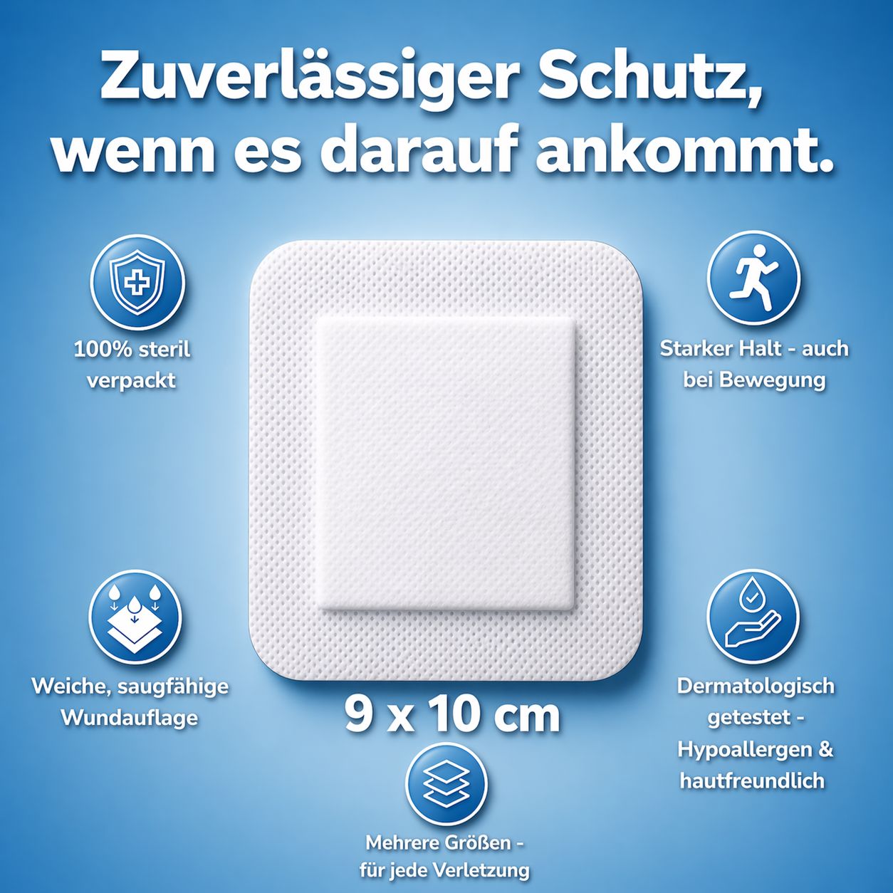 Steriles Wundpflaster 9x10 cm mit weicher, saugfähiger Auflage und starkem Halt.